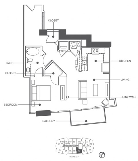 Floor plan for 1 bed, 1 bath, 788 sqft